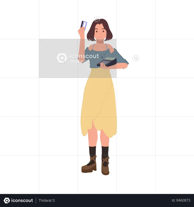 Female consumer with credit card and payment terminal  Illustration