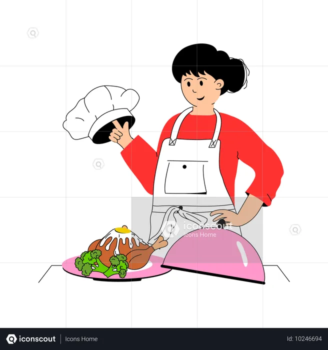 Female cook preparing chicken dish  Illustration