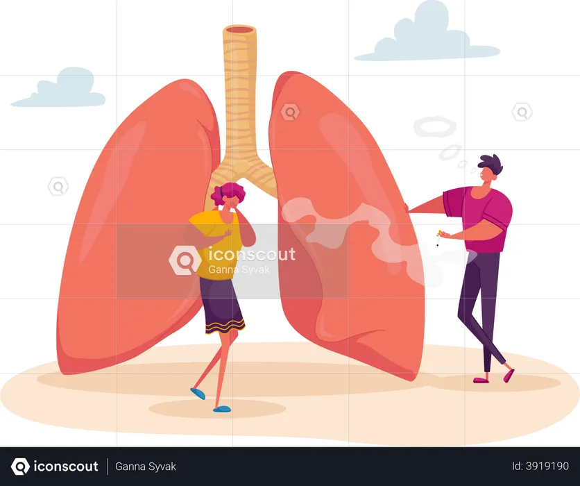 Female Coughing near Huge Lungs with Smoking Man  Illustration