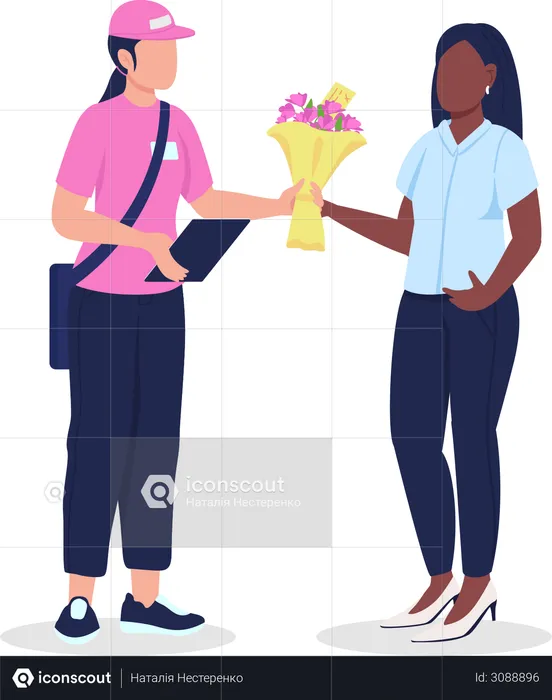 Female courier and customer with flowers  Illustration