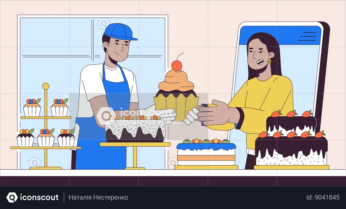 Female customer buying cakes in bakery  Illustration