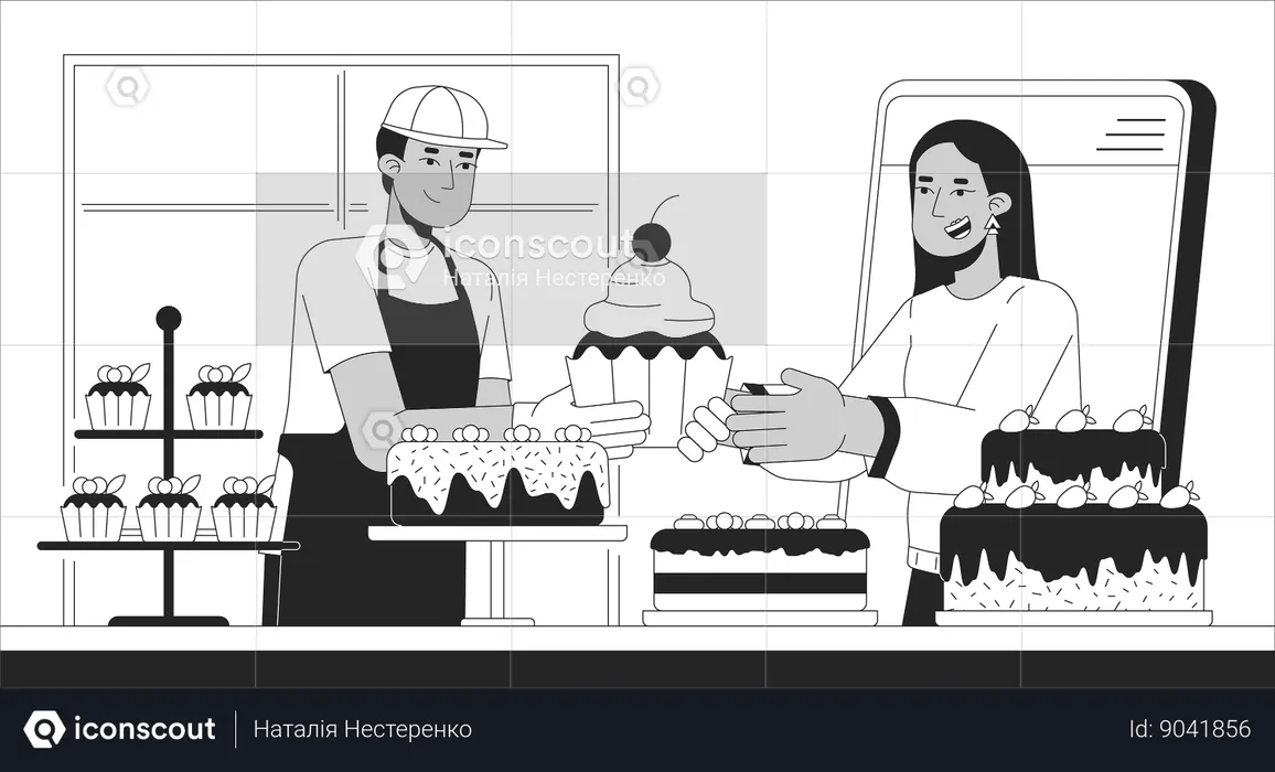 Female customer buying cakes in bakery  Illustration
