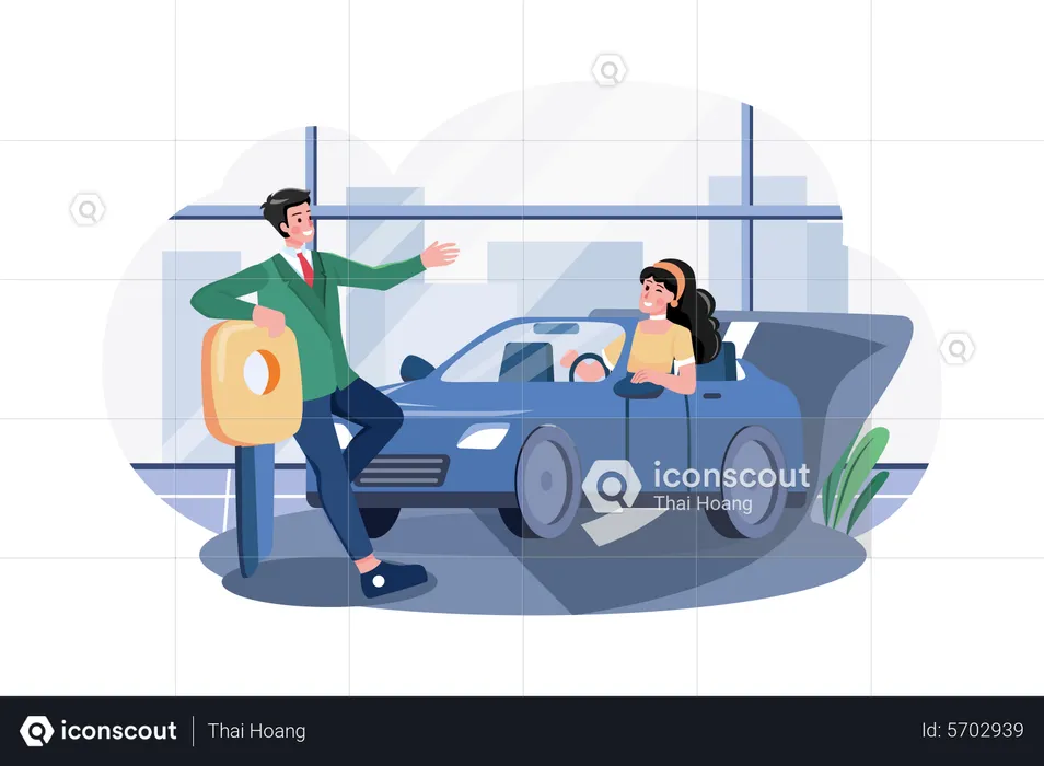 Female customer taking test ride of new car  Illustration