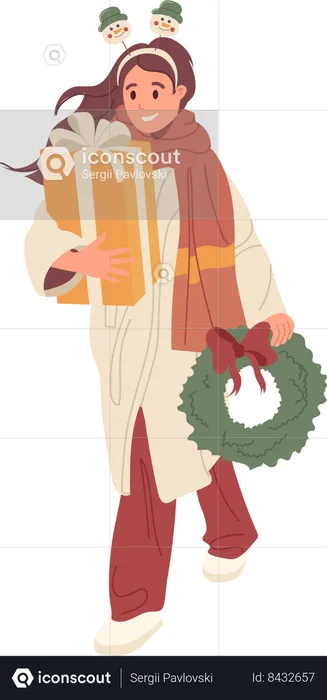Female customer walking with Christmas shopping purchases  Illustration
