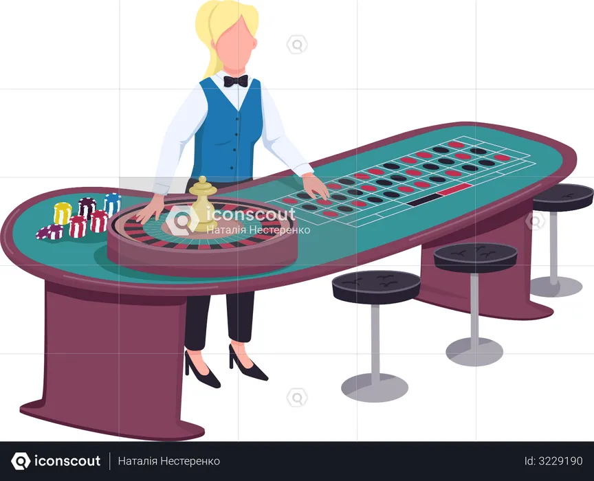 Female dealer near roulette table  Illustration