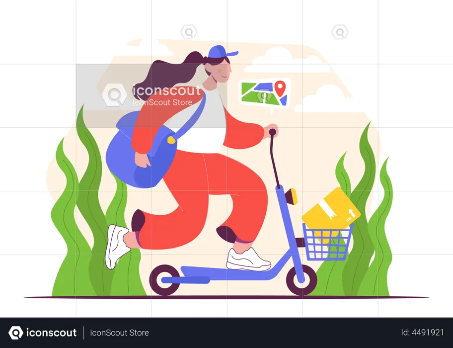 Female delivery person on scooter  Illustration