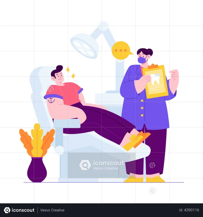 Female dentist treating patient with report  Illustration