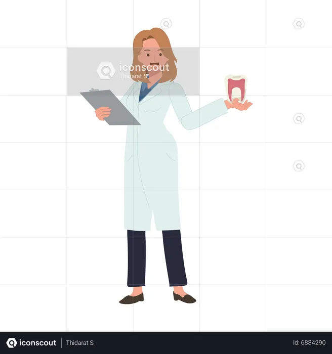 Female Dentist with clipboard showing result of tooth treatment  Illustration