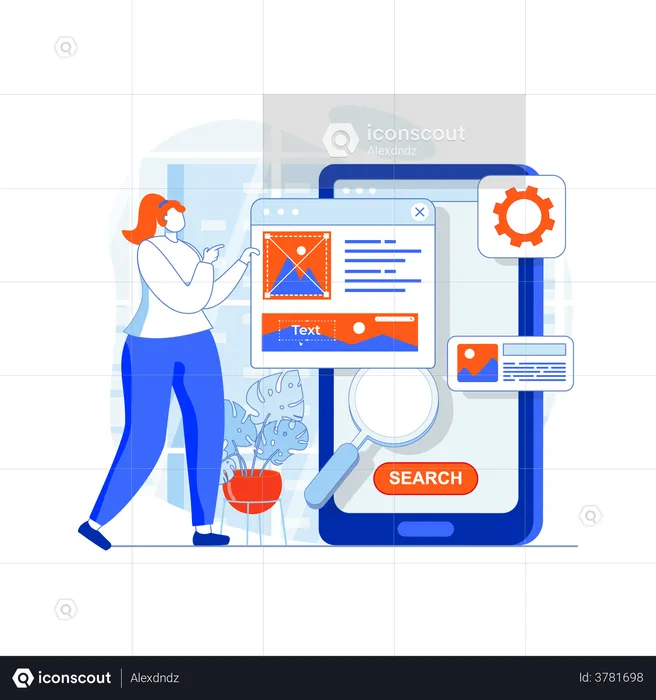 Female designer designing mobile web app  Illustration