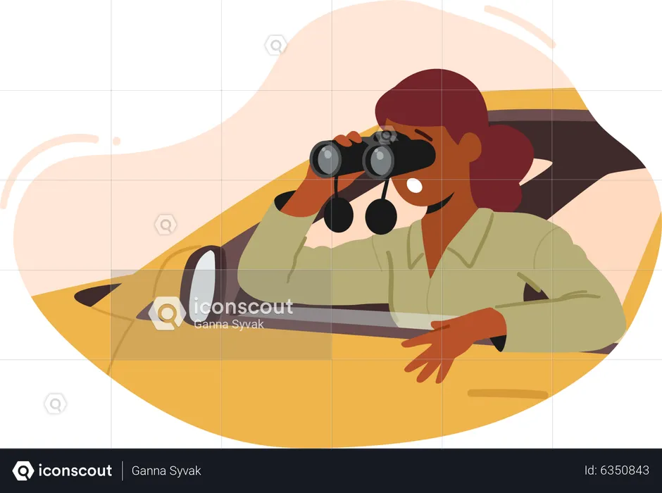 Female detective looking out of car  Illustration