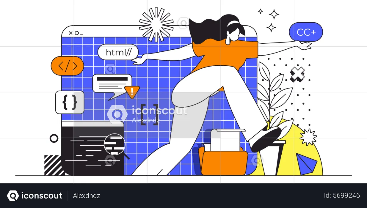 Female developer coding in different languages  Illustration