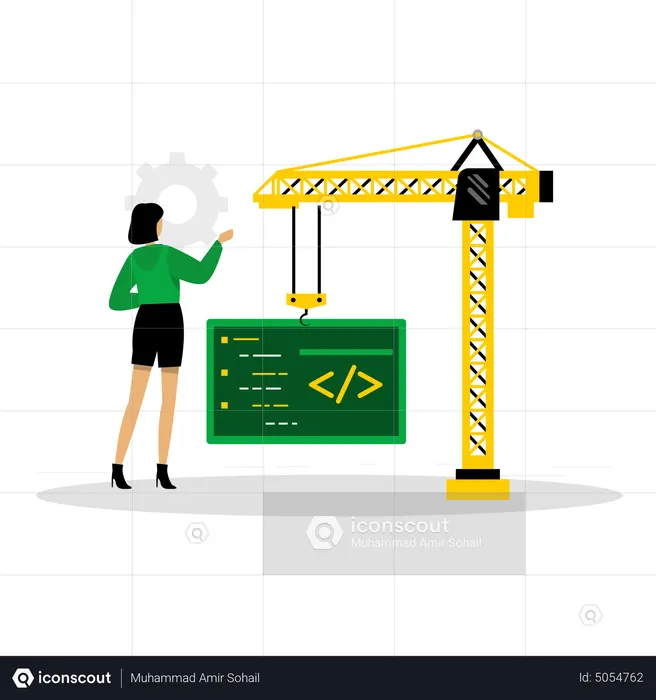 Female developer constructing website  Illustration