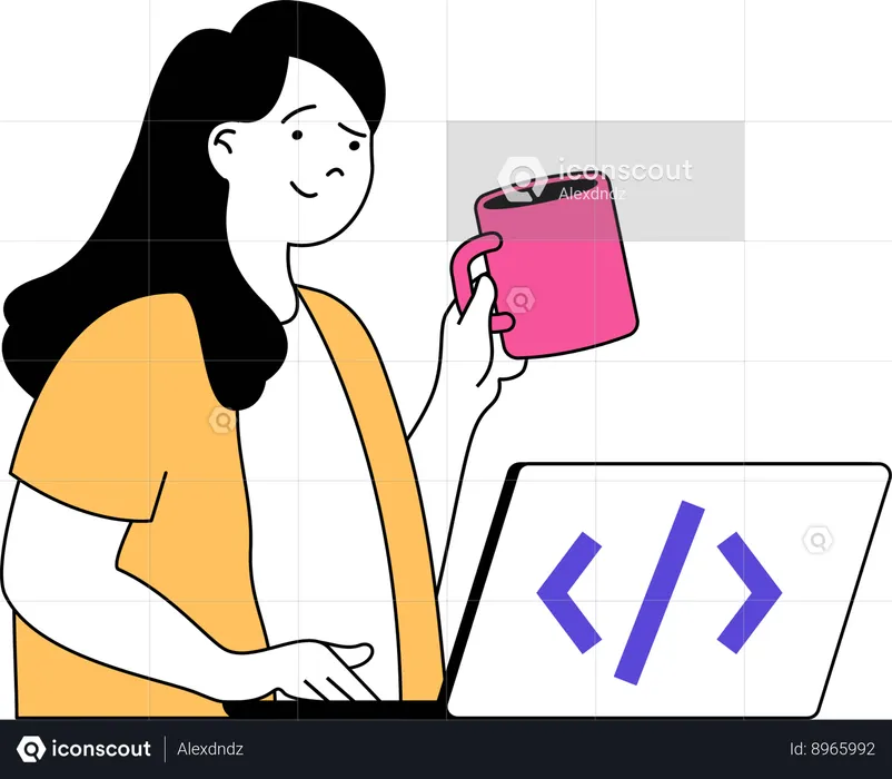 Female developer holding coffee cup while doing conding  Illustration