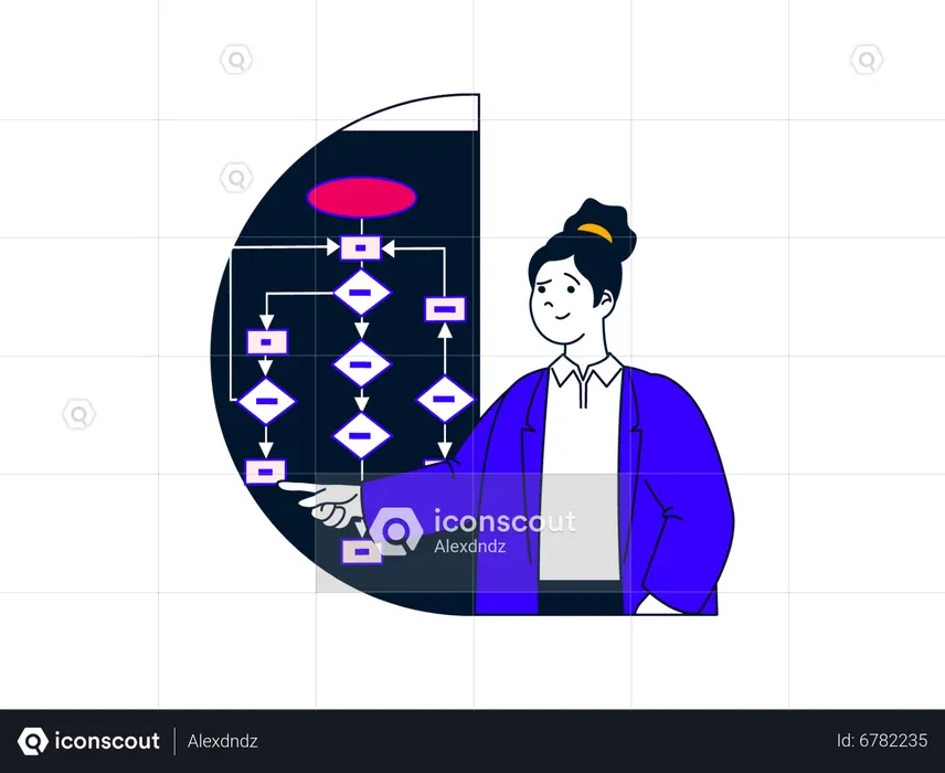 Female developer looking at hierarchic chart  Illustration