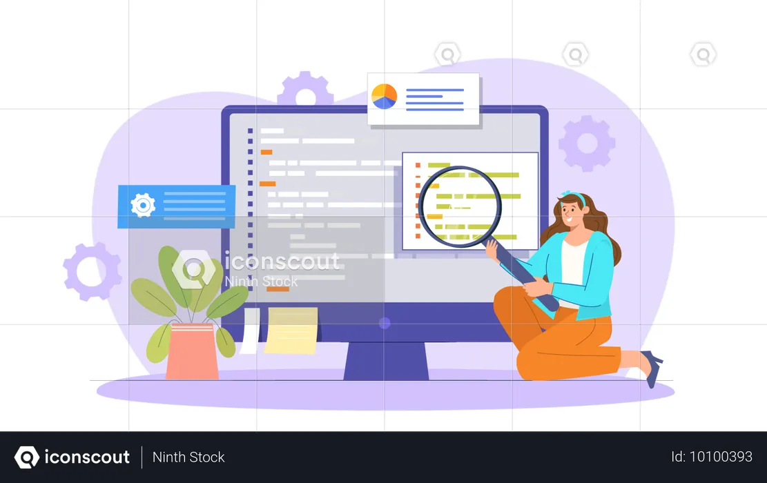 コード内のバグを探している女性開発者  イラスト