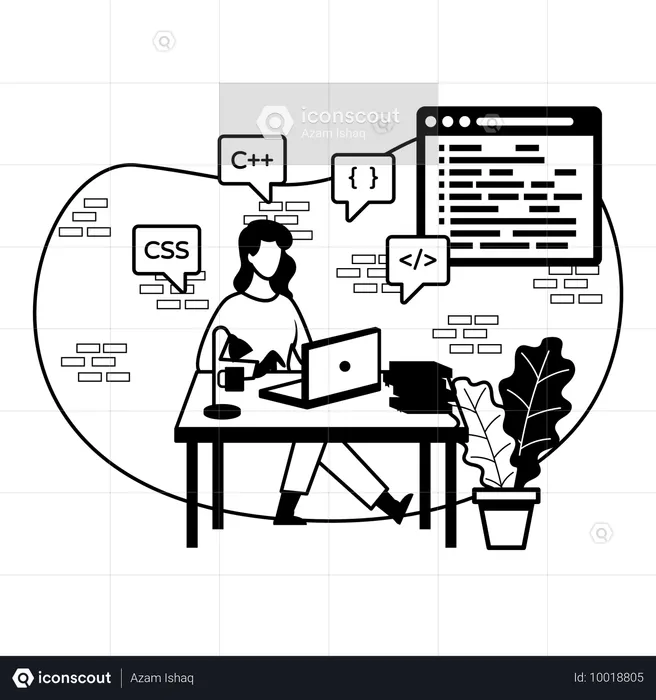 노트북으로 다양한 프로그래밍 언어를 공부하는 여성 개발자  일러스트레이션