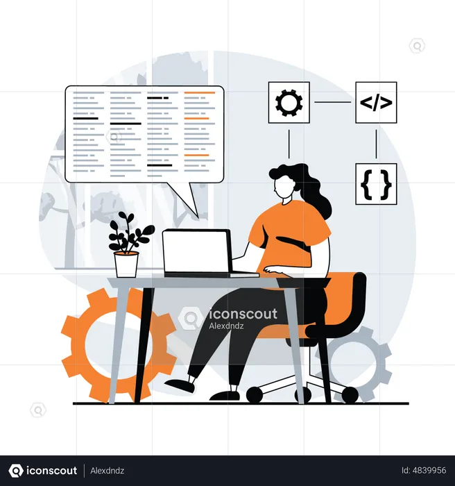 Female developer working on laptop  Illustration