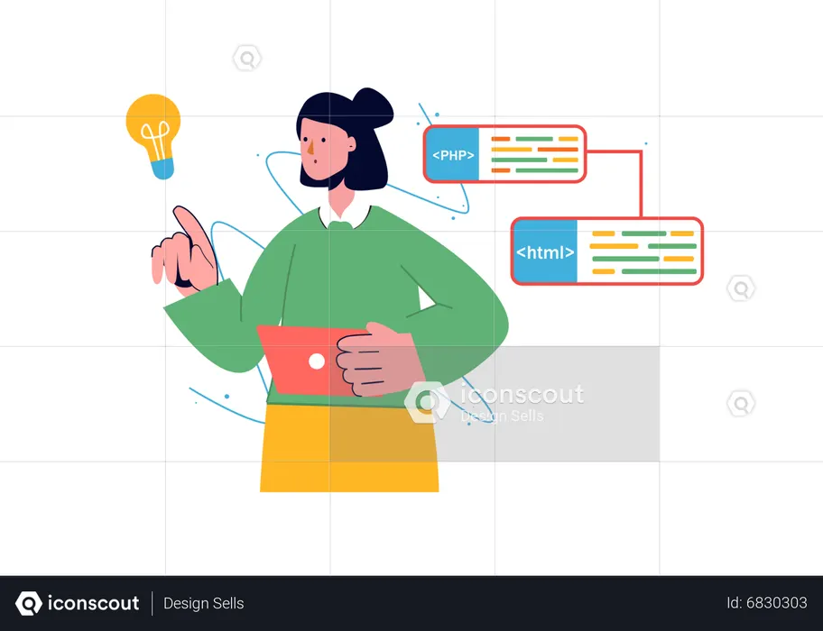 Female developer working on programming idea  Illustration