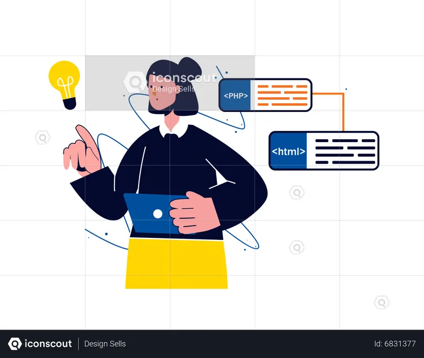 Female developer working on programming idea  Illustration