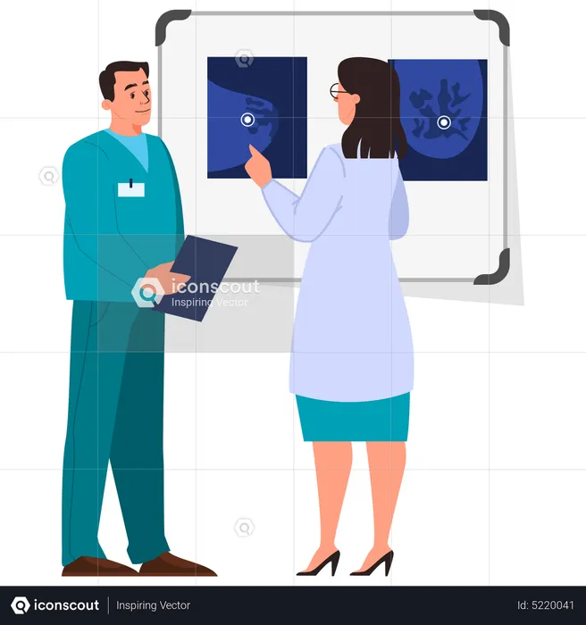 Female doctor and intern examine breast screen with mammary cancer  Illustration