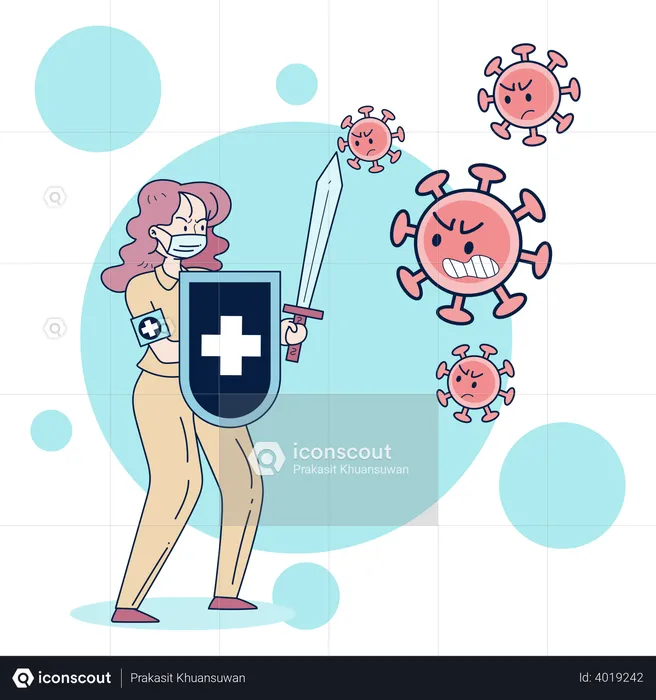 Female doctor battling with covid germs  Illustration