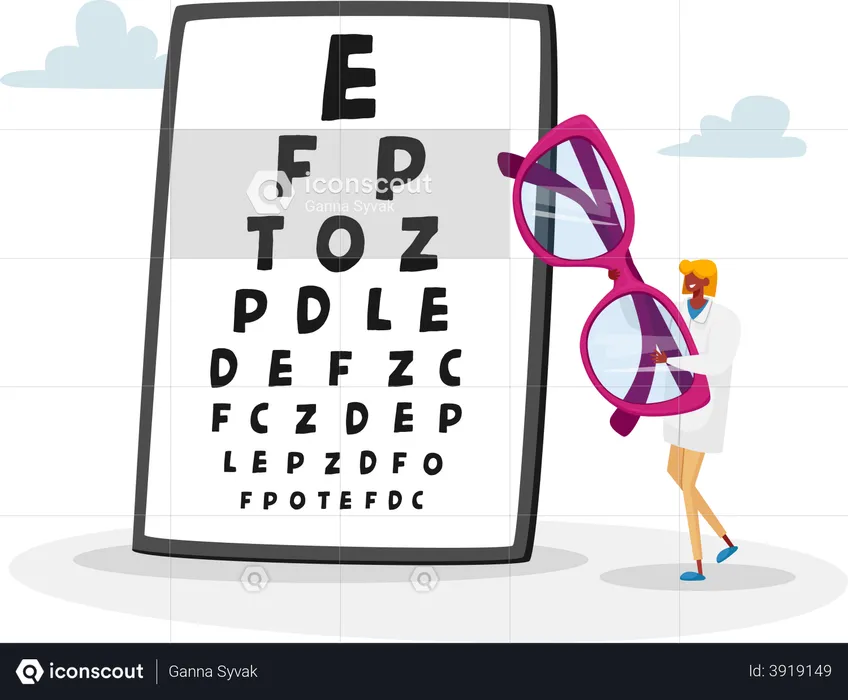 Female Doctor Carry Huge Eyeglasses front of Chart for Vision Checkup  Illustration