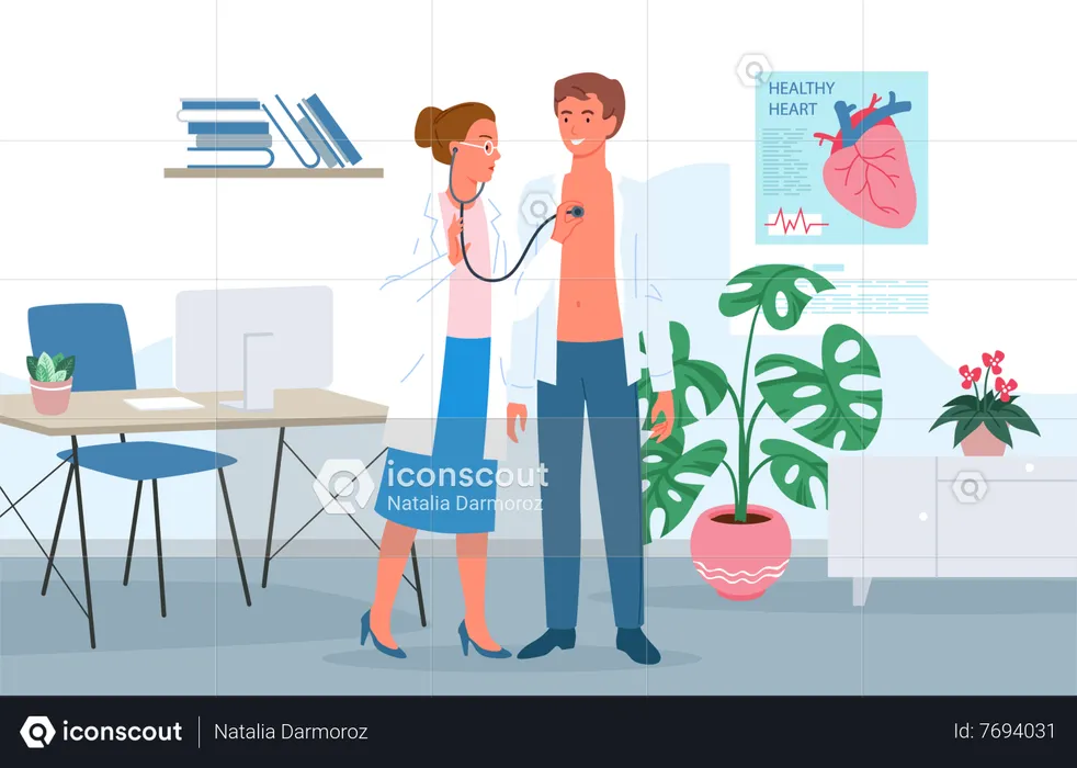 Female doctor checking heartbeat using stethoscope  Illustration