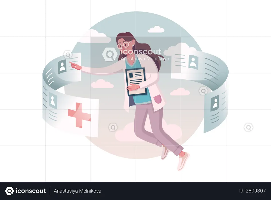 Female doctor checking patient detail  Illustration