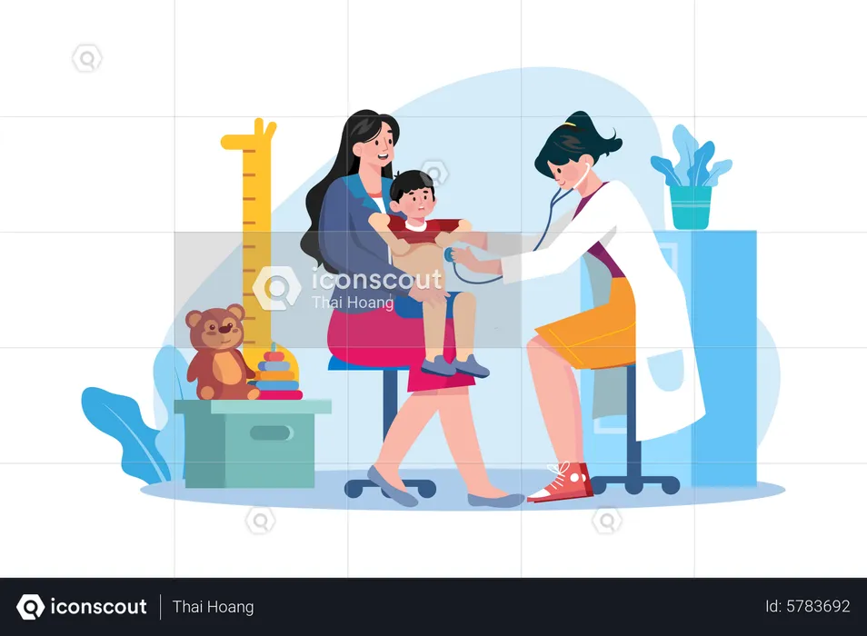 Female doctor doing a check-up of a little boy  Illustration