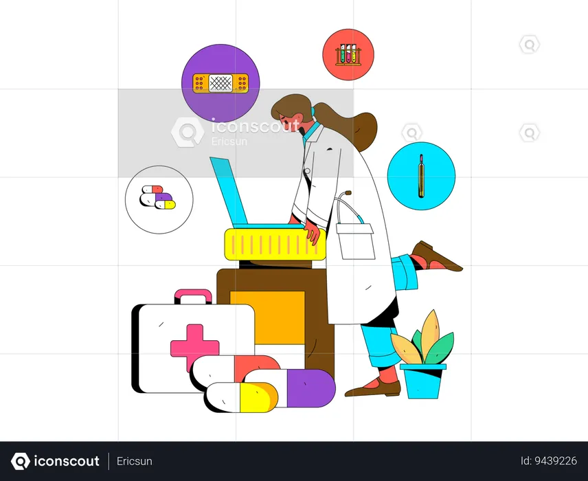 Female doctor giving medicine on laptop  Illustration
