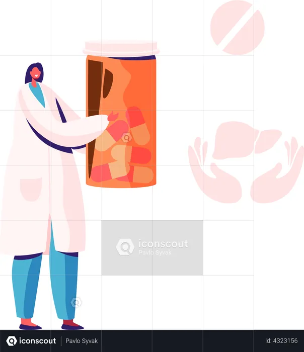 Female Doctor Holding Pills Bottle  Illustration