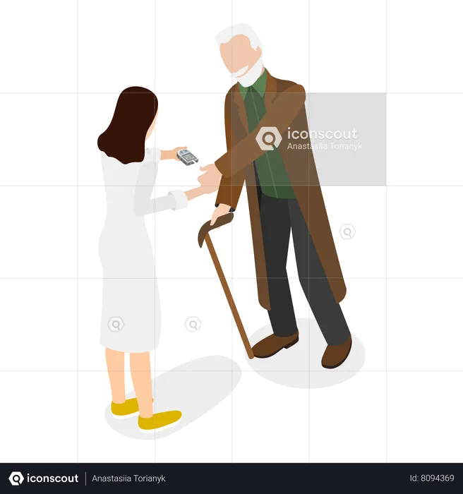 Female doctor measuring the diabetes of old man  Illustration