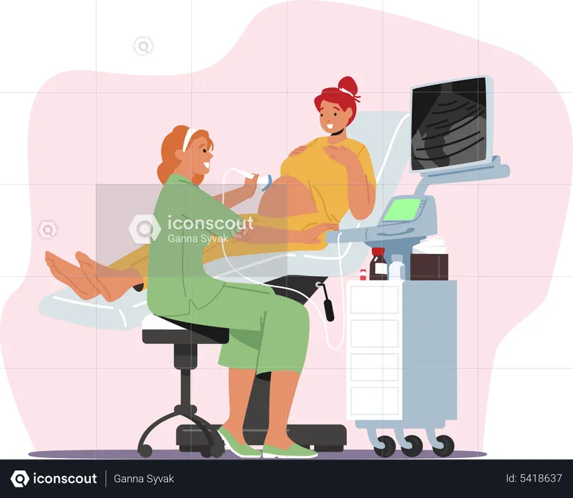 Female doctor scanning pregnant woman stomach with ultrasound machine  Illustration