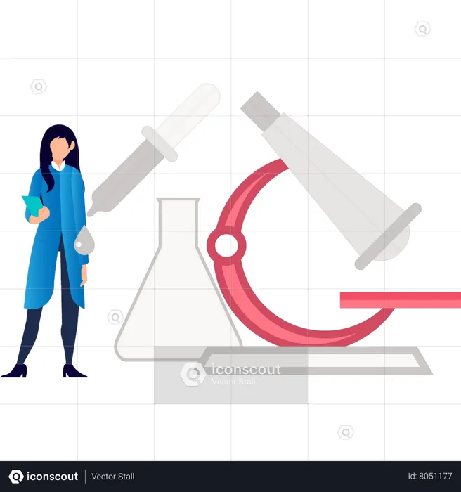 Female doctor standing with microscope  Illustration