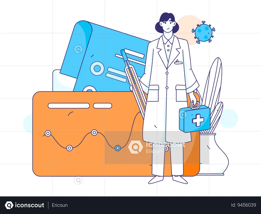 Female doctor standing with thermometer and medical box  Illustration