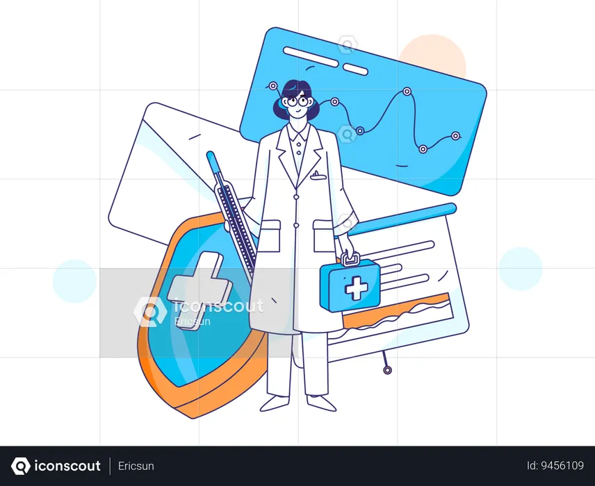 Female doctor standing with thermometer and medical box  Illustration