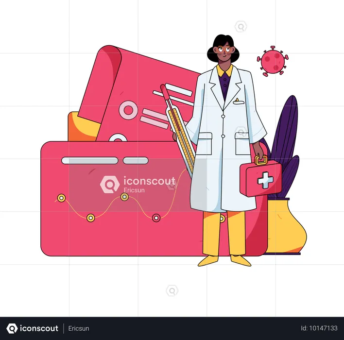 Female doctor standing with thermometer and medical box  Illustration