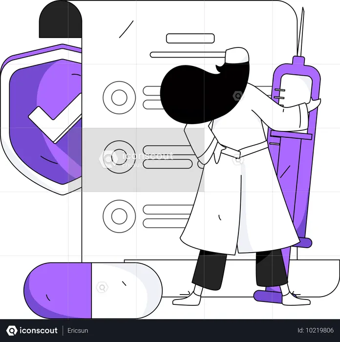 Female doctor standing with vaccine and first aid box  Illustration