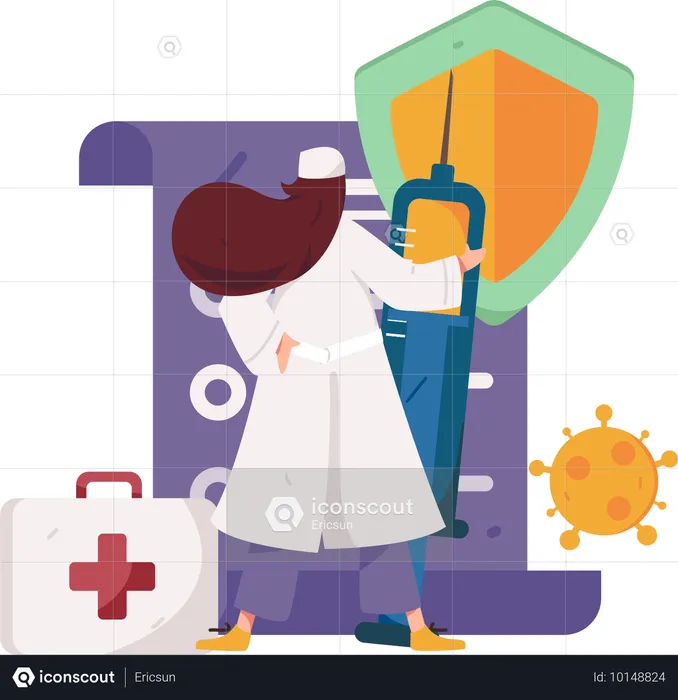 Female doctor standing with vaccine and first aid box  Illustration