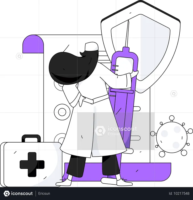 Female doctor standing with vaccine and first aid box  Illustration