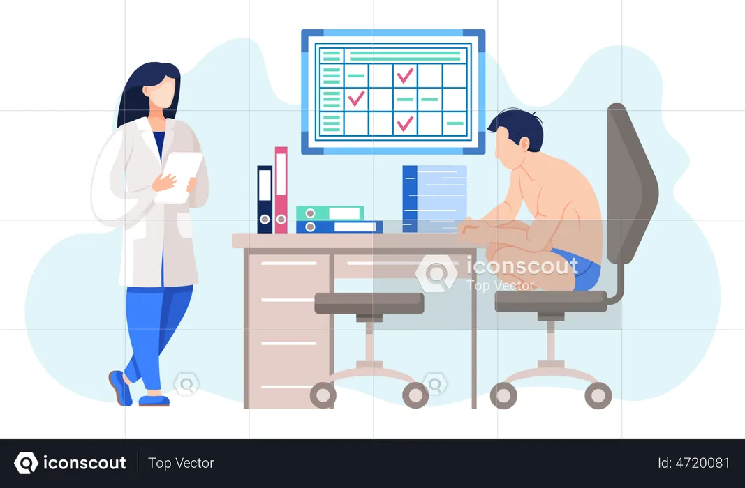 Female doctor treating man with body problems  Illustration