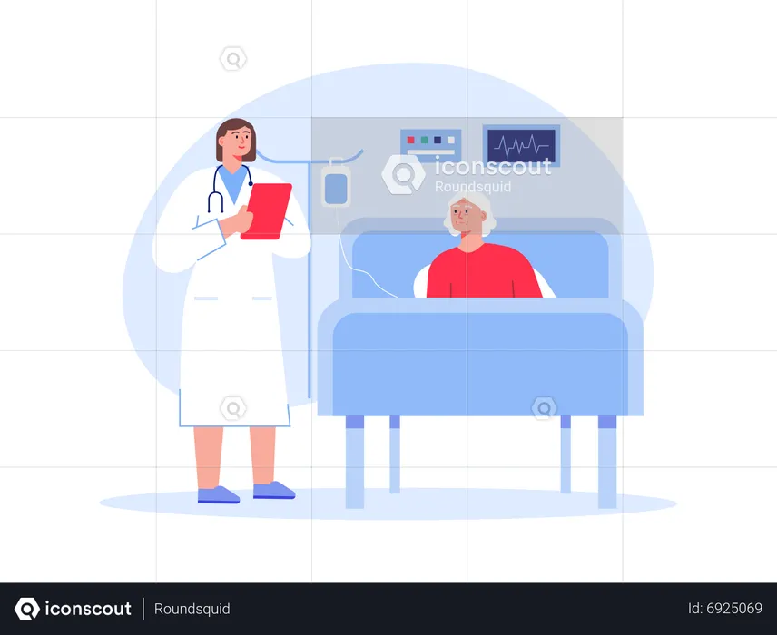 Female doctor visiting aged female patient  Illustration
