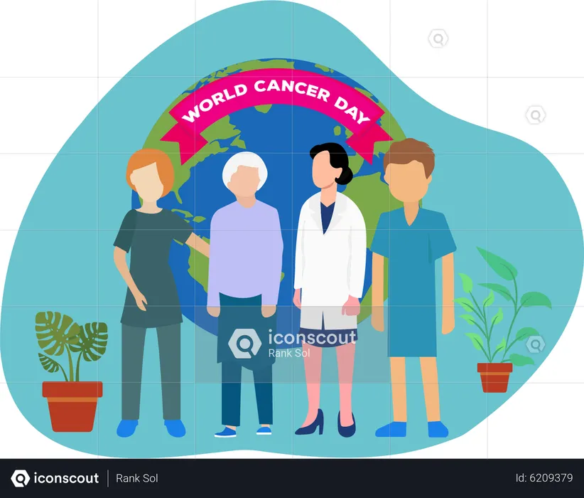 Female doctor with cancer patients celebrate world cancer day  Illustration