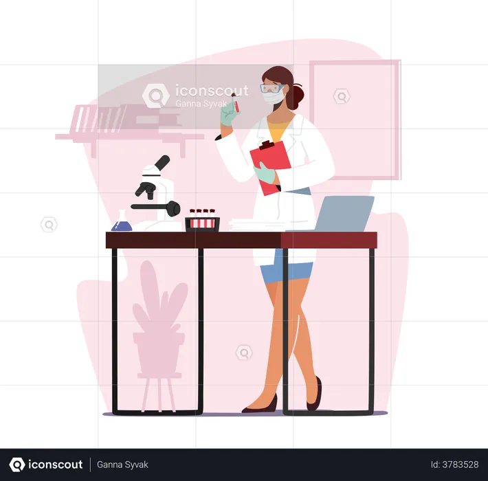 Female Doctor Working In Laboratory Examining Blood Test For Covid19  Illustration