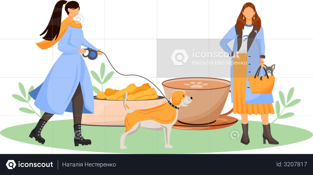 Female dog owner in cafe  Illustration