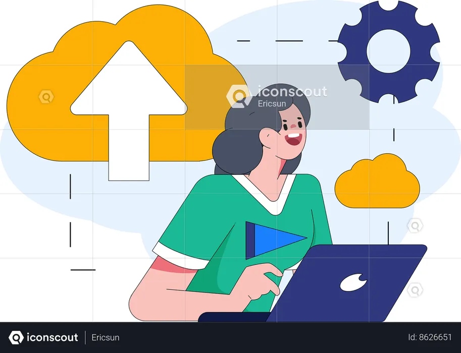 Female doing cloud uploading on laptop  Illustration