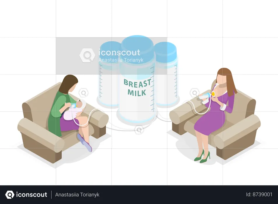 ,Female Donor Collecting Milk with Pump  Illustration