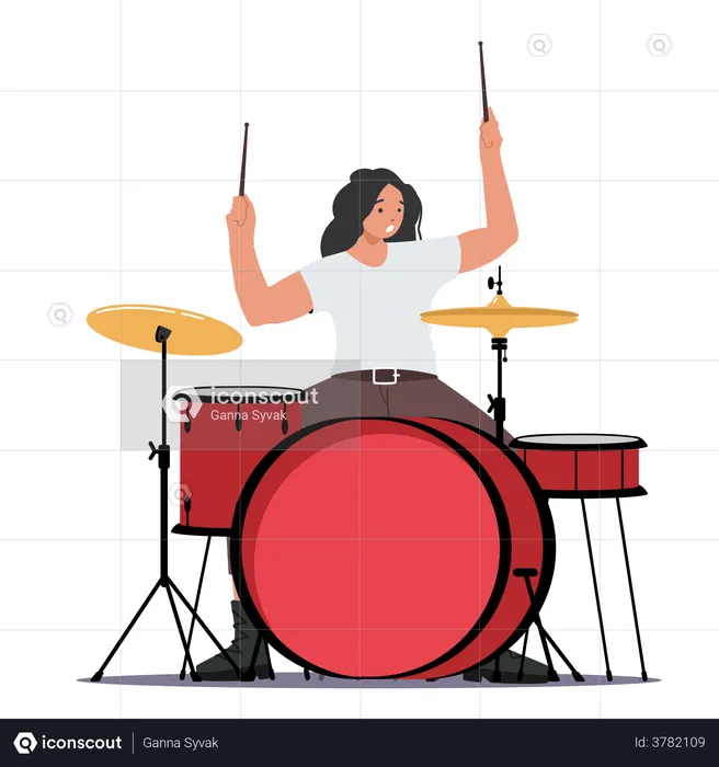 Female Drummer Playing At Concert  Illustration