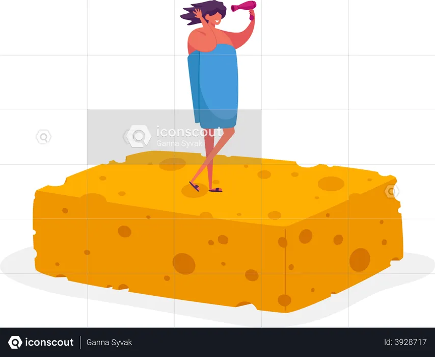 Female Drying Hairs after Taking Bath Standing on Washing Sponge  Illustration