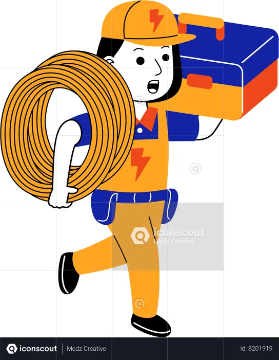 Female electrician carrying electric cable and tool box  Illustration